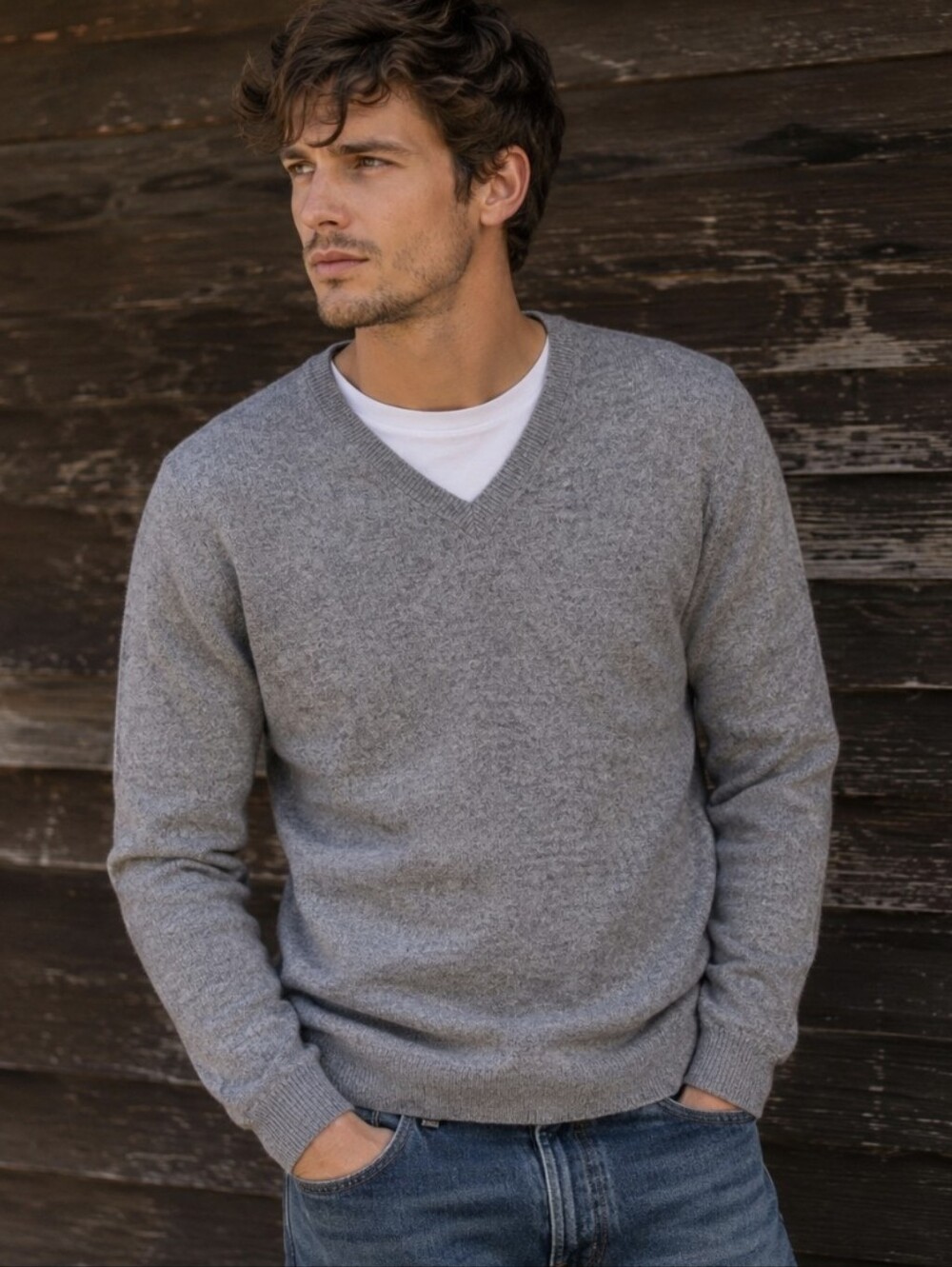 UNIQLO Men's 100% Cashmere V-Neck Sweater Gray Size M Classic Knit Preppy